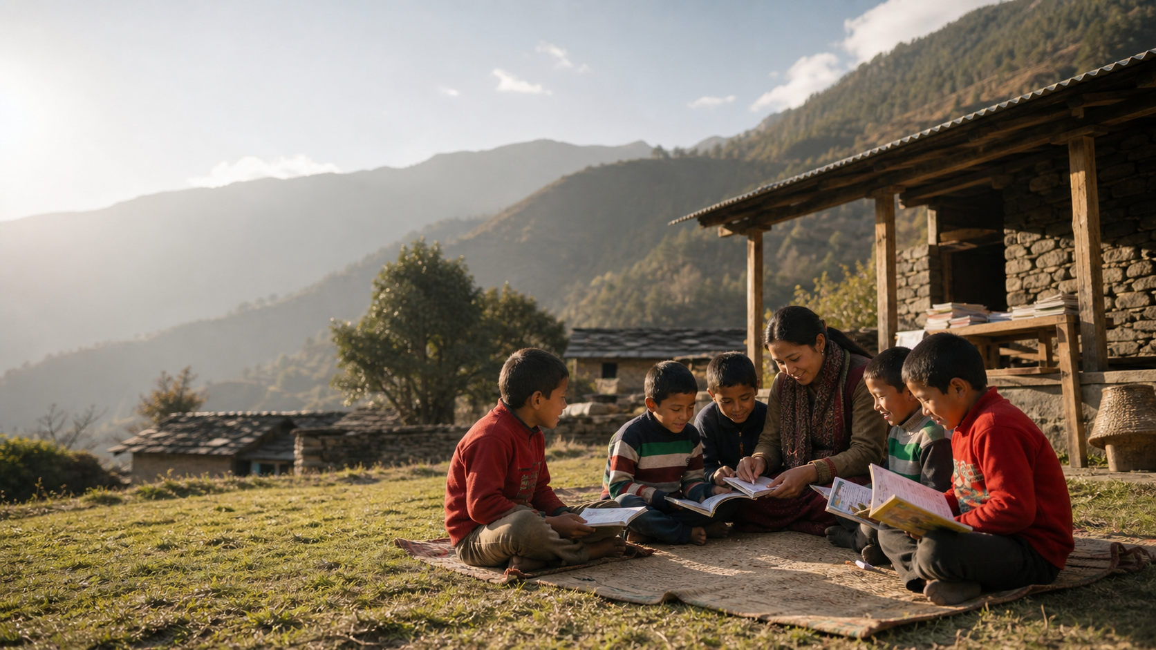 Himalayan village children happily reading books in an Indian mountain community